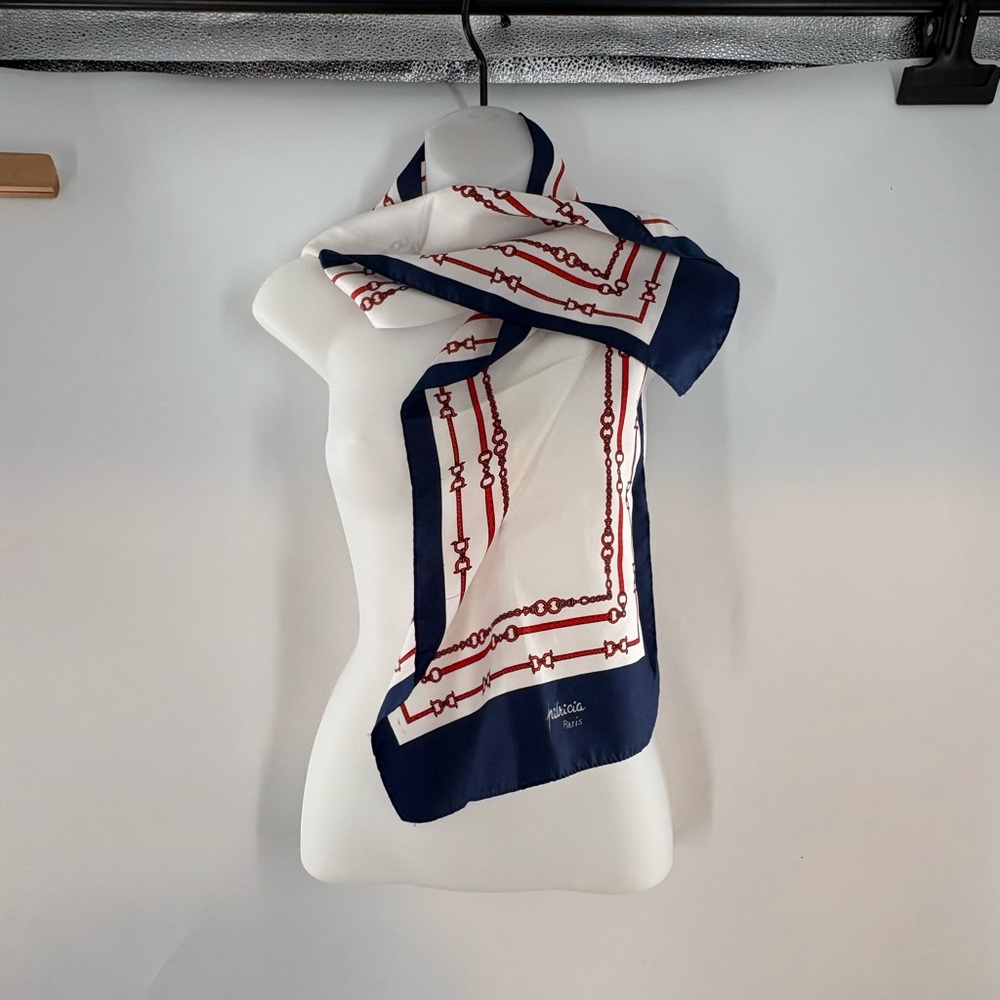Vintage Patricia Paris Equestrian Scarf - Navy Blue, Red & White Horse Bit Print